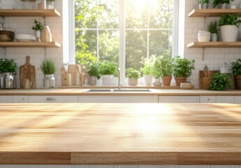 Bright and airy kitchen countertop with wooden surface bathed in natural sunlight and framed by green potted plants on windowsill and shelves