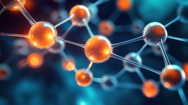 Close-up view of interconnected glowing orange spheres representing a molecular structure on a blurred blue background, evoking a sense of scientific discovery