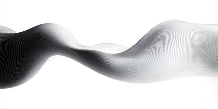 Smooth flowing black and white abstract wave with fine curved lines creating a sense of fluidity and movement on a white background