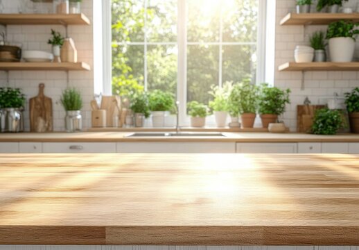 Bright and airy kitchen countertop with wooden surface bathed in natural sunlight and framed by green potted plants on windowsill and shelves