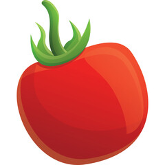 Red Ripe Tomato with Green Stem and Leaves Isolated on White Background Simple Cartoon Style Healthy Food Ingredient
