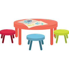 Red Round Toddler Table With Three Stools And Childrens Drawings On Paper Isolated On Transparent Background