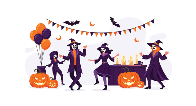 Halloween Celebration: A whimsical scene unfolds as costumed figures revel in a festive gathering, embracing the spooky spirit. A pumpkin's gleam adds a touch of enchantment.