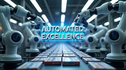 A futuristic automated assembly line featuring robotic arms working efficiently, showcasing modern technology in action.