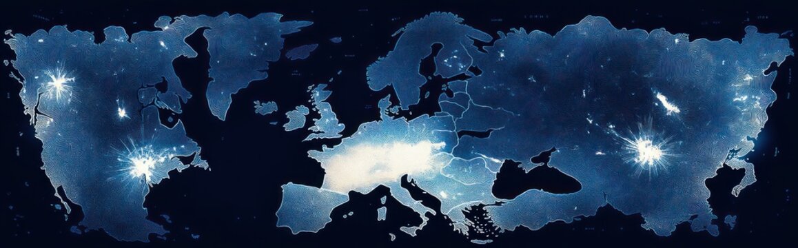 Abstract illuminated map showing Europe and parts of northern Asia and North America with highlighted city lights and topographic lines