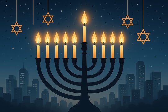 Happy Hanukkah greeting card illustration with a silhouetted menorah shining brightly against a city skyline at night under a starry sky.