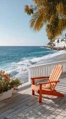 Naklejka premium An Empty Wooden Adirondack Chair On A Sunlit Deck Overlooking A Tropical Beach With Turquoise Ocean Waves Crashing On The Shore And Lush Green Foliage Overhead