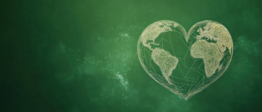 Wireframe heart-shaped globe depicting continents on a green textured background symbolizing global love and environmental care