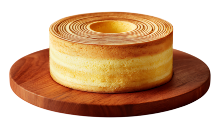 Traditional Baumkuchen ring tree cake with perfect, visible golden-yellow inner layers. The cake sits neatly centered on a round, rich mahogany wooden cutting board.