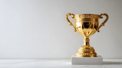 Ornate golden achievement cup rests on a white pedestal against a pale background