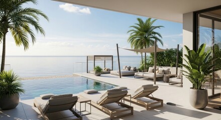Fototapeta premium Luxurious modern villa with infinity pool, lounge area, and ocean view