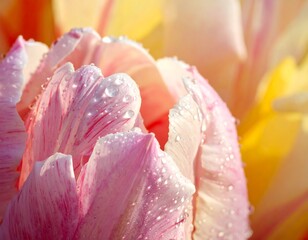 Close-up of a Pink and Yellow Tulip with Water Droplets on its Petals