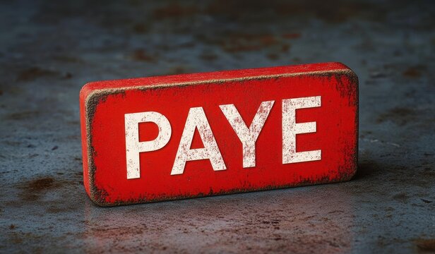 Close-up of a worn red rectangular block with the word paye in white letters resting on a textured, weathered surface conveying a sense of urgency or importance