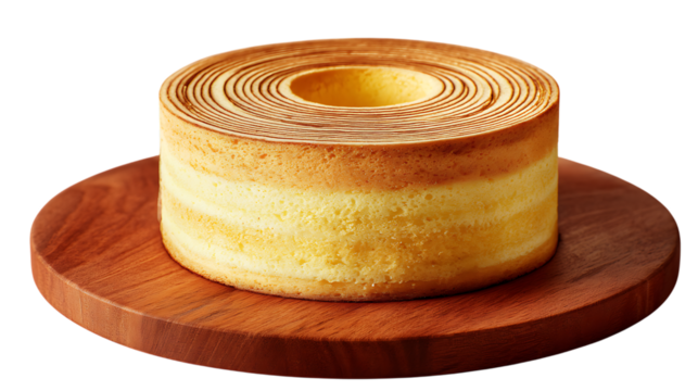 Traditional Baumkuchen ring tree cake with perfect, visible golden-yellow inner layers. The cake sits neatly centered on a round, rich mahogany wooden cutting board.