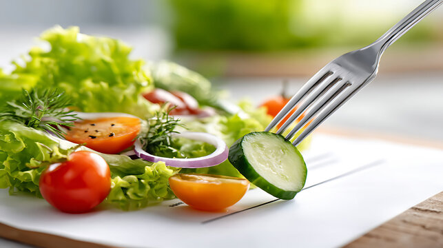 A fork poking into a vibrant salad filled with fresh ingredients symbolizes healthy choices, wellness, and mindful eating in a clean lifestyle.