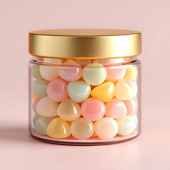 candies in gold lidded jar on pink background