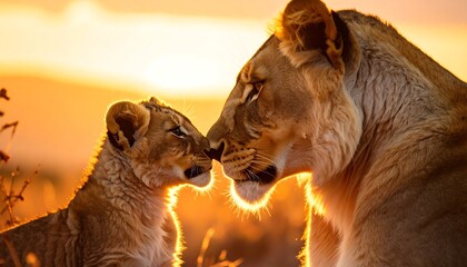 Lioness and cub share a tender moment during a golden sunset