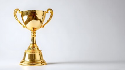 Shiny golden trophy stands prominently against a simple light gray background with ample copy space