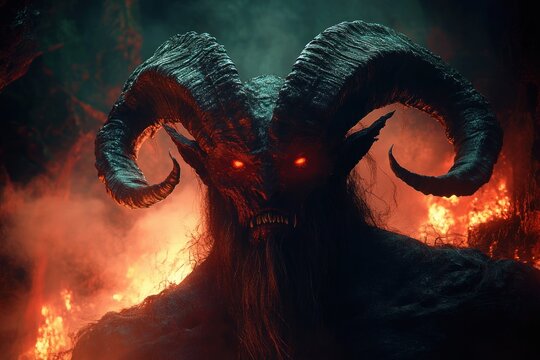Dark demonic creature with glowing red eyes and large curved horns surrounded by fire and smoke in a fiery hellish environment