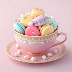 pink tea cup on colorful biscuits isolated on pink background, 