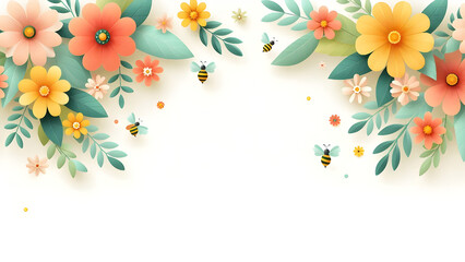 Spring Floral Background with Bees and Whitespace for Text