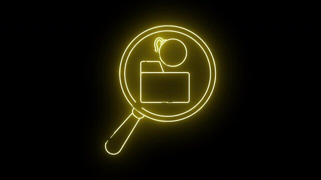 Yellow neon icon magnifying glass over a folder and head
