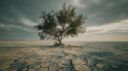 Drought impact on solitary tree parched landscape nature photography dry environment dramatic view climate change awareness