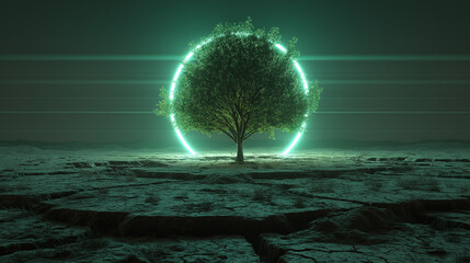 Surreal tree symbolizing nature’s resilience in a cracked earth landscape with ethereal light effects