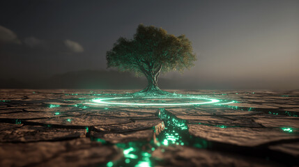 Revitalizing nature enchanted tree in a dry landscape fantasy art ethereal atmosphere perspective view