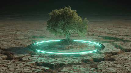 Reviving nature resilient tree in a desolate landscape surreal digital art futuristic vision