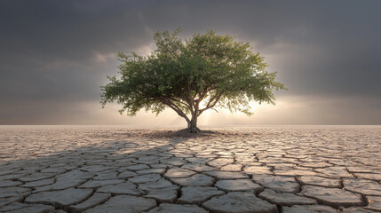 Drought impact on resilient tree arid landscape digital art dramatic lighting ground perspective environmental awareness