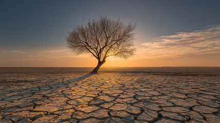 Drought impact on resilient tree silhouette at sunset barren landscape nature photography serene environment wide angle view