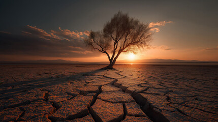 Dramatic sunset over cracked dry landscape featuring lone tree desert environment nature photography perspective