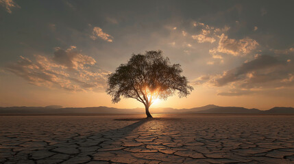 Majestic sunset over solitary tree desert landscape nature photography serene atmosphere wide angle tranquility