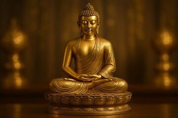 Radiant Golden Buddha Statue in Dhyana Mudra on Ornate Lotus Pedestal with Sacred Bokeh Glow and Intricate Robe Details
