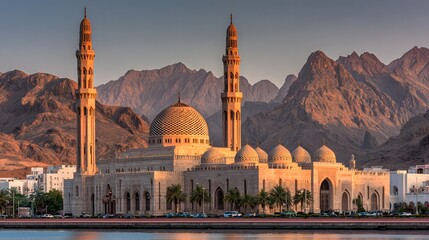 Grand religious edifice with soaring minarets stands before dramatic mountain range at sunset