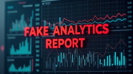 A digital display showcasing a fake analytics report with vibrant red and blue graph lines and data visualizations.