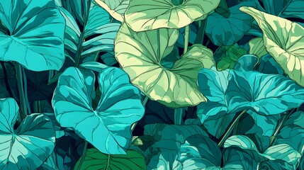 Lush tropical foliage displays vibrant cyan and pale green tones in dense natural arrangement