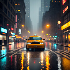 rainy city street at night view with yellow car