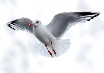 Obraz premium A white seagull soaring in the air with wings spread wide against a bright cloudy sky, capturing grace and freedom in flight