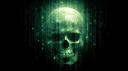 Digital skull emerges from falling streams of green binary code