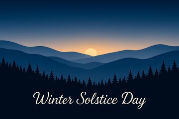 Winter Solstice Day Sunrise Over Layered Mountain Ridges and Pine Forest Silhouettes with Soft Blue‑to‑Amber Gradient
