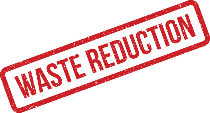 Grungy red rubber stamp with the phrase WASTE REDUCTION for environmental programs and sustainable practices