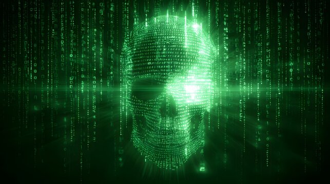 Digital representation of a human cranium forms within flowing green computer code