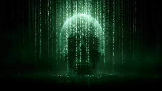Glowing digital code streams cascade down onto a dark, stylized human cranium