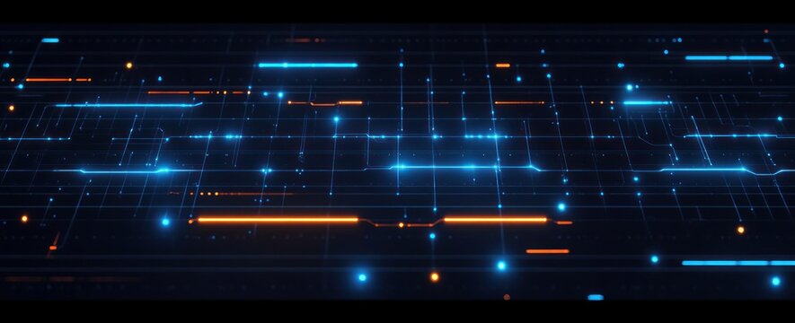 Futuristic digital circuit pattern with glowing blue and orange lines and dots on a dark background evoking technology and connectivity