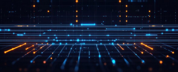 Abstract digital grid with glowing blue and orange light streaks and dots creating a futuristic technology pattern