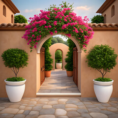 rustic mediterranean courtyard with pink bougainvi