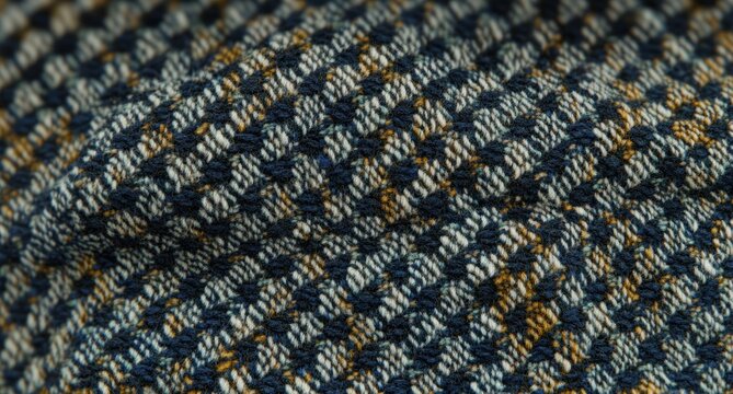 Close-up of textured wool fabric with blue, beige, and brown woven pattern creating diagonal stripes and herringbone design
