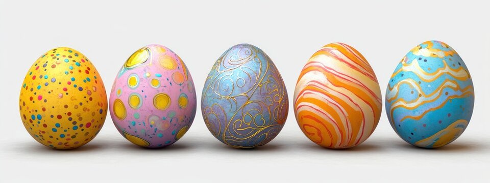 Five colorful Easter eggs decorated with various patterns including dots, circles, swirls, and waves in bright pastel colors arranged in a row on a white background